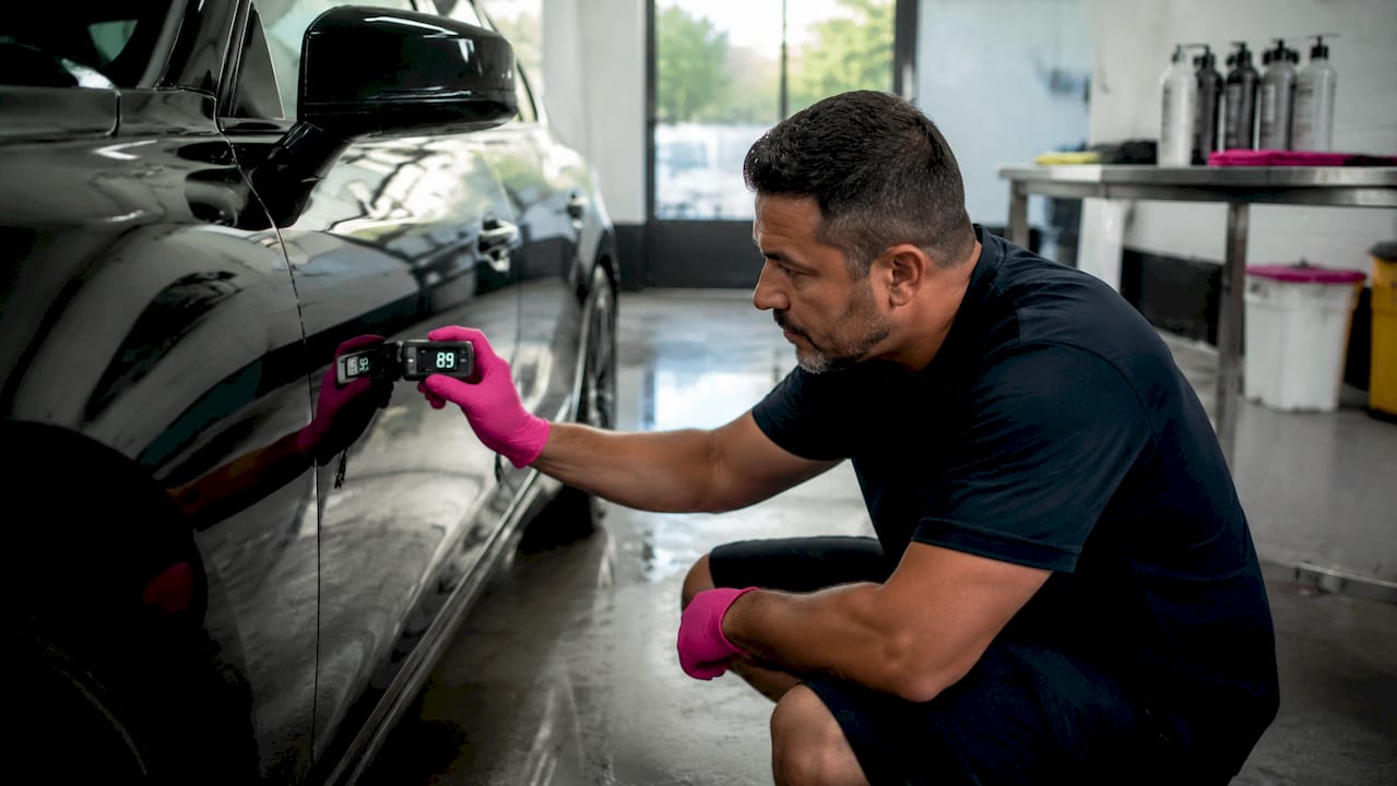 Hands measuring car paint depth with gauge