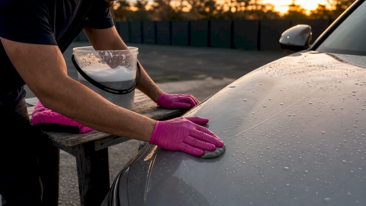 Close-up of hands claying car paint surface