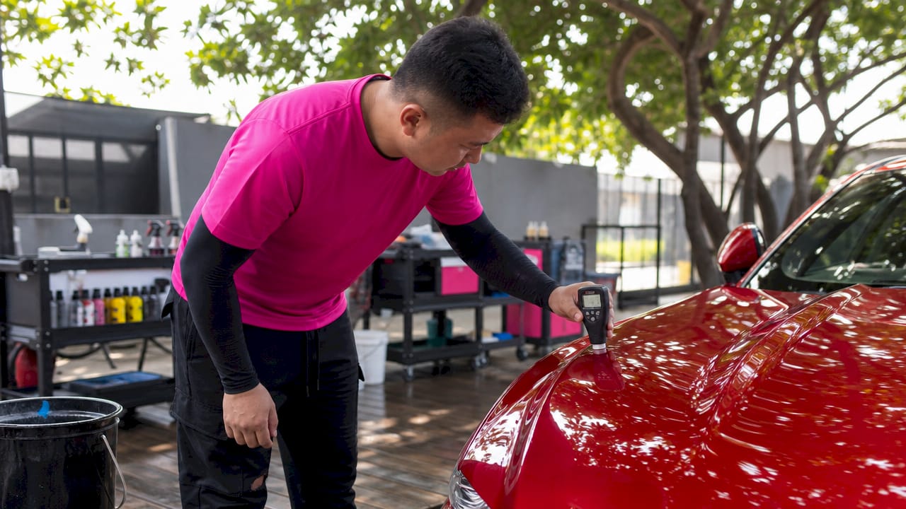 Technician testing paint thickness on car surface