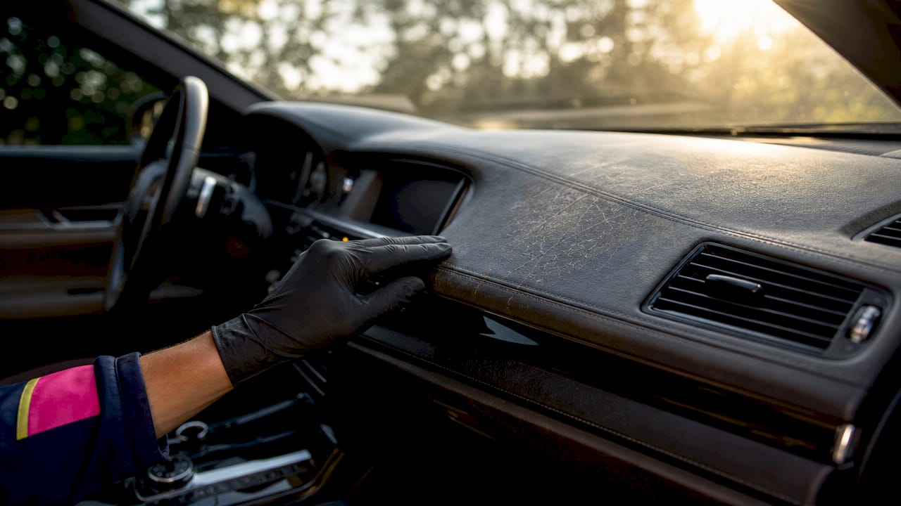 Close-up of cracked leather dashboard wear