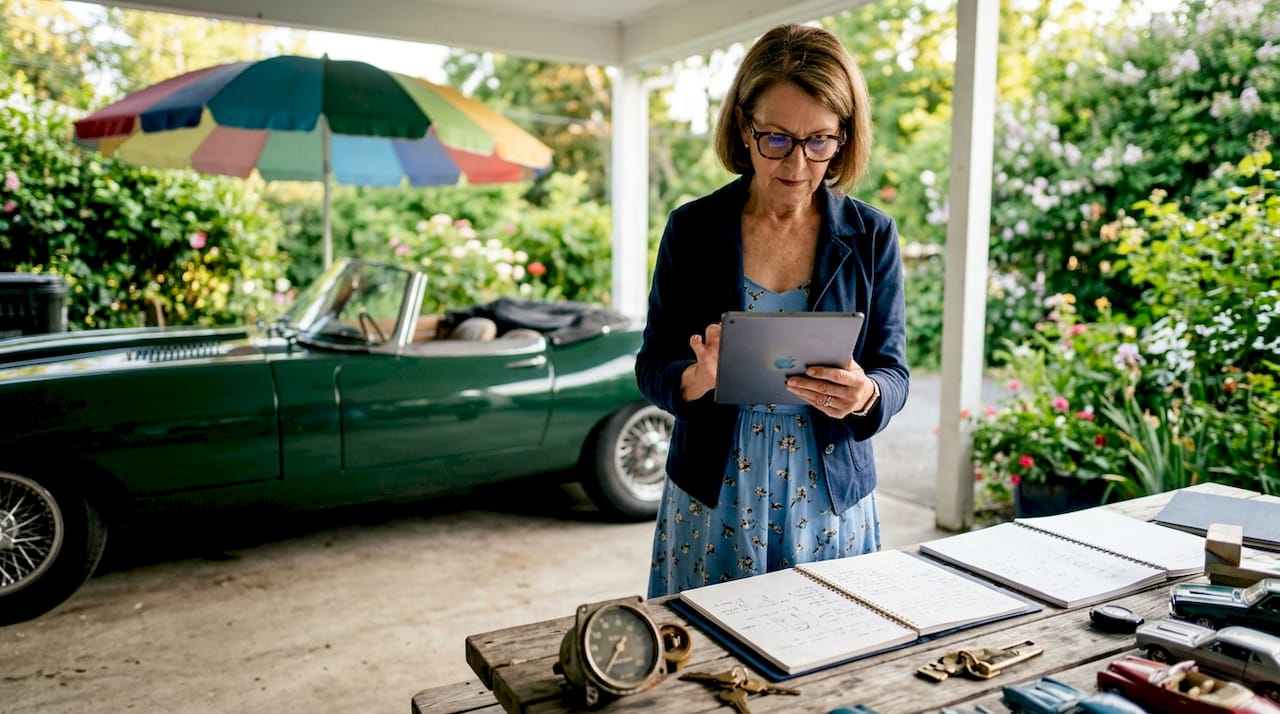 Collector reviewing vehicle valuation on tablet
