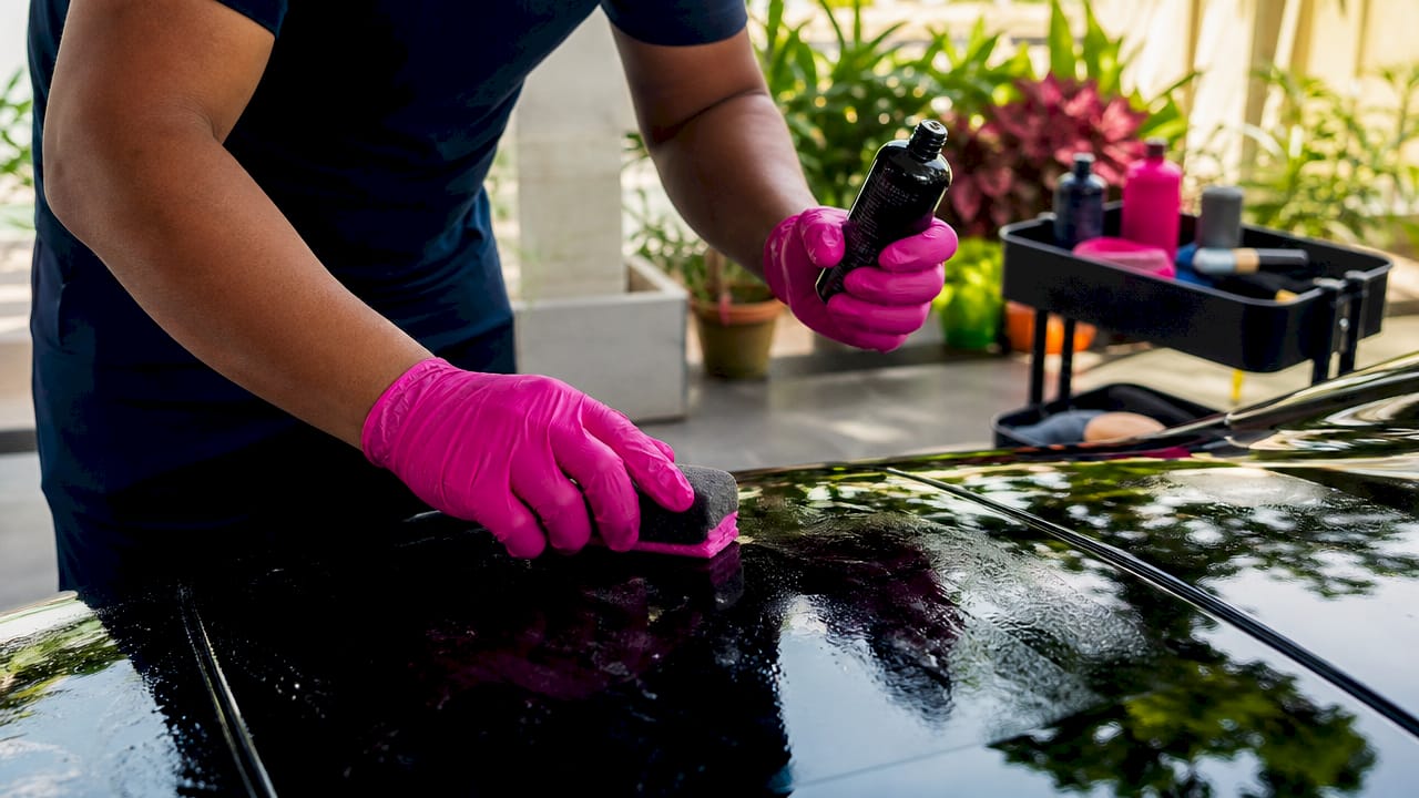 Hands applying iron fallout remover on car paint