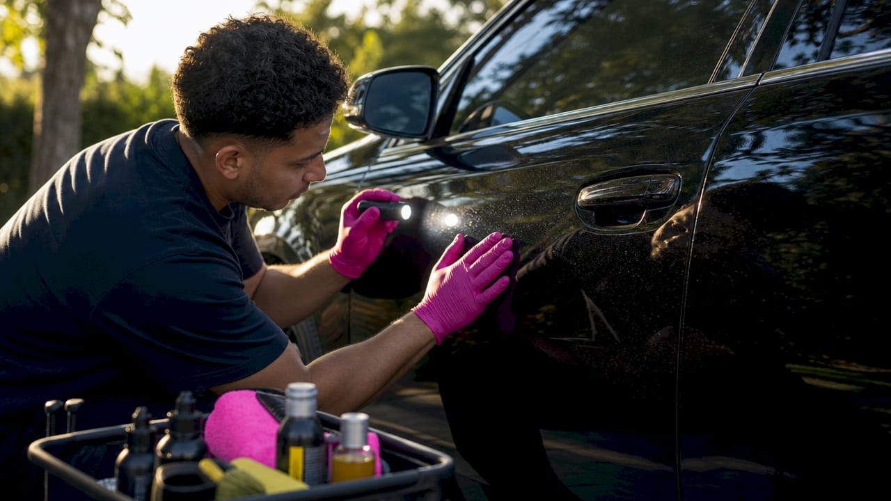 Hands inspecting car paint for residue