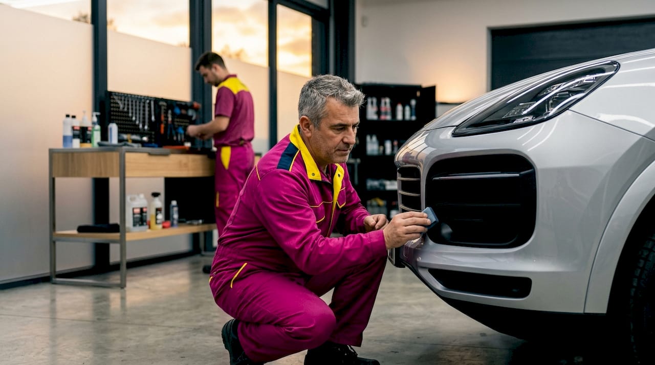 Mechanic applying protective film on luxury car