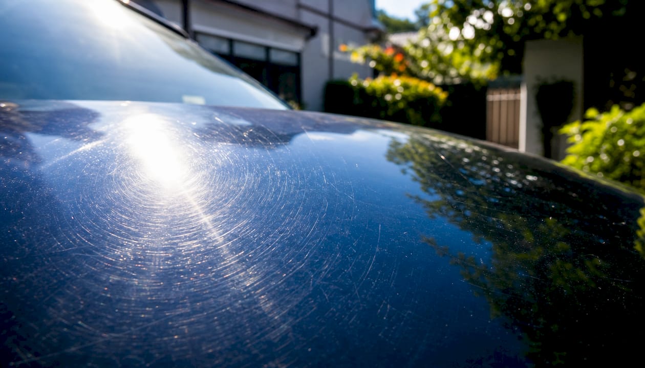 Close-up of car door swirl marks on dark paint