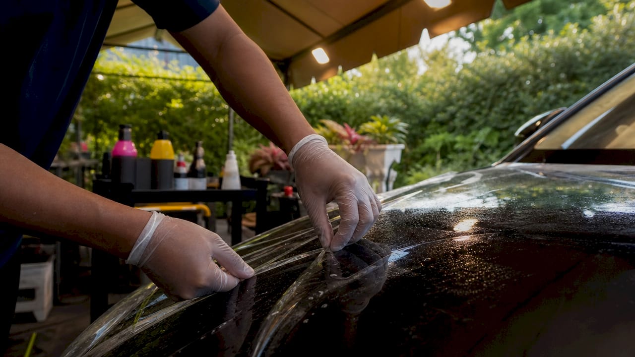 Hands applying protective film to car hood