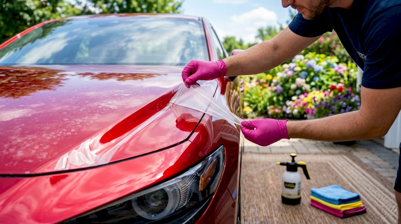 Close-up of protective coating on car paint being peeled