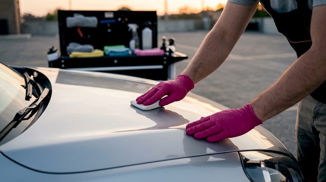 Hands claying vehicle surface indoors