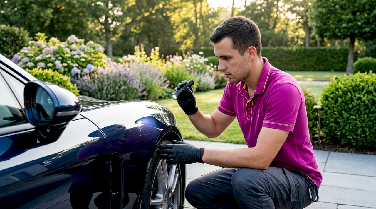 Detailer inspecting paint for contaminants on car