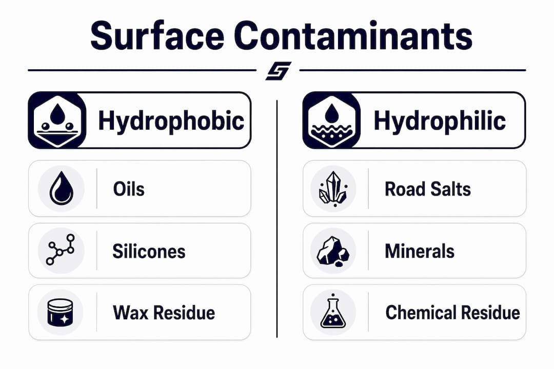Infographic showing hydrophobic vs hydrophilic contaminants