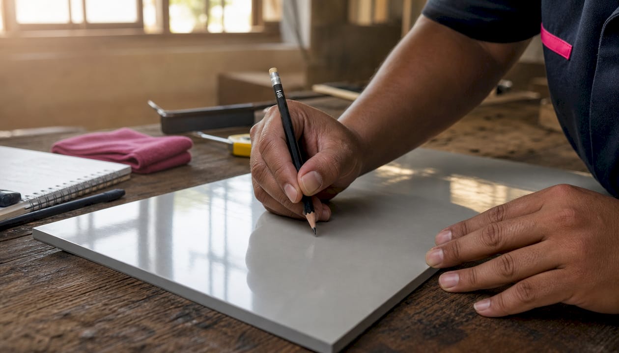 Hands performing pencil hardness scratch test on panel