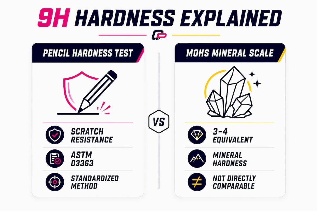 Infographic comparing 9H pencil hardness test with Mohs scale