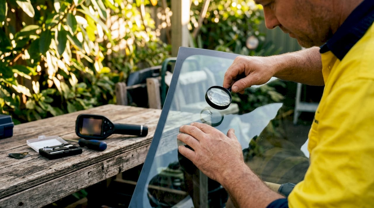 Hands inspecting windshield chip with tools