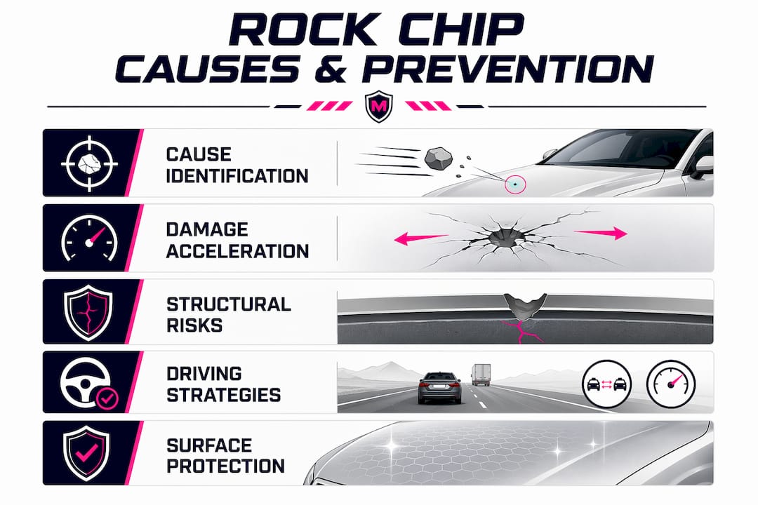 Infographic outlining rock chip causes and prevention steps