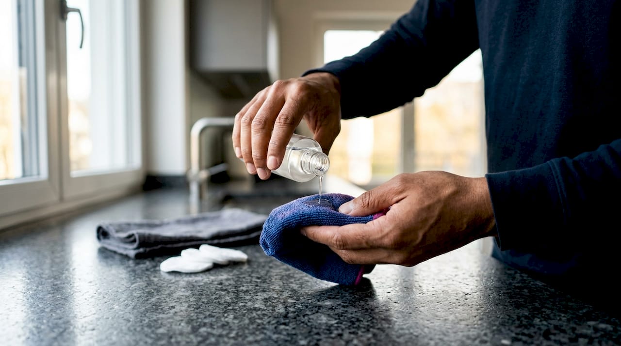 Hands applying cleaner onto microfiber cloth