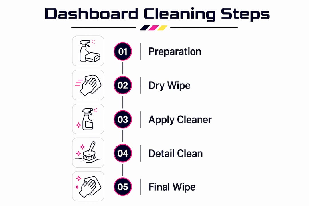 Infographic showing luxury dashboard cleaning steps