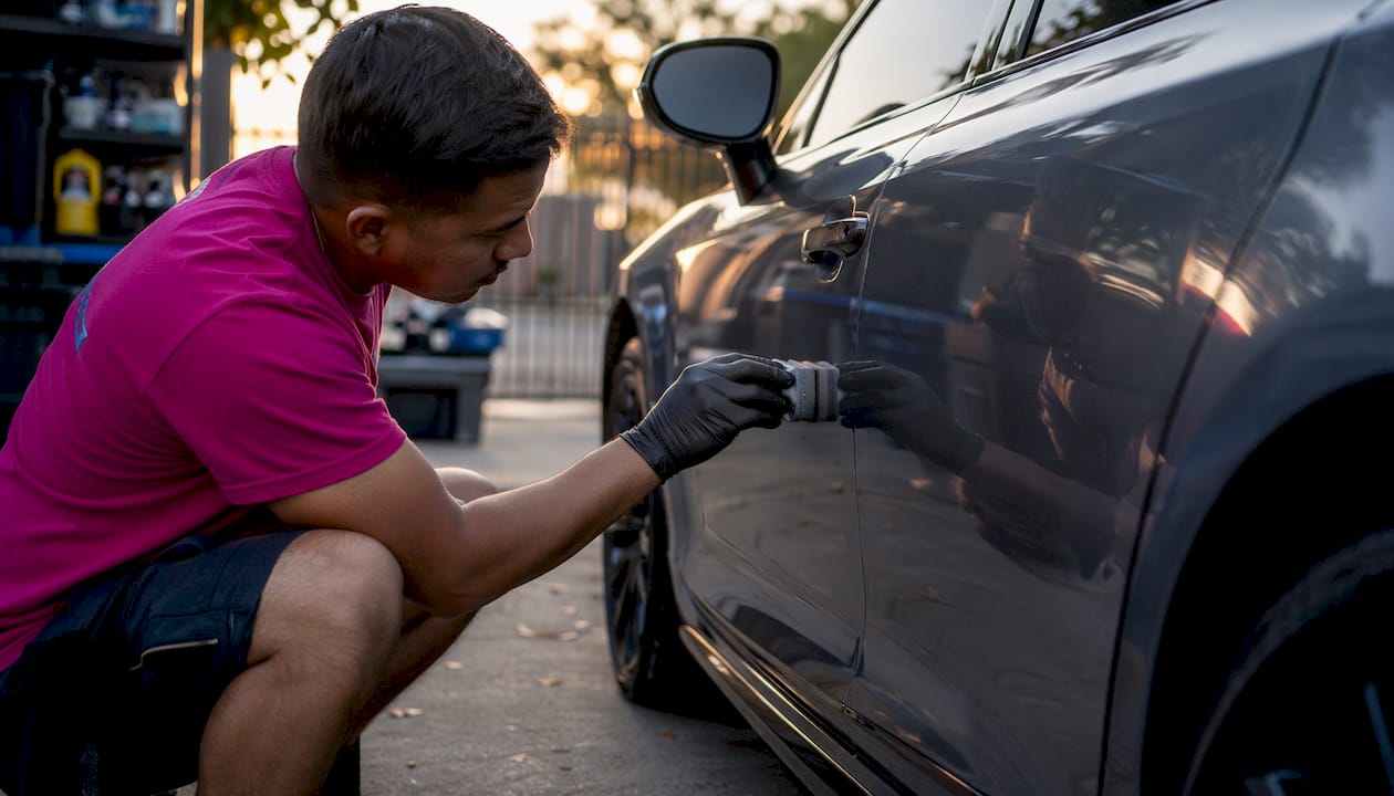 Close-up of ceramic coating being applied to car door