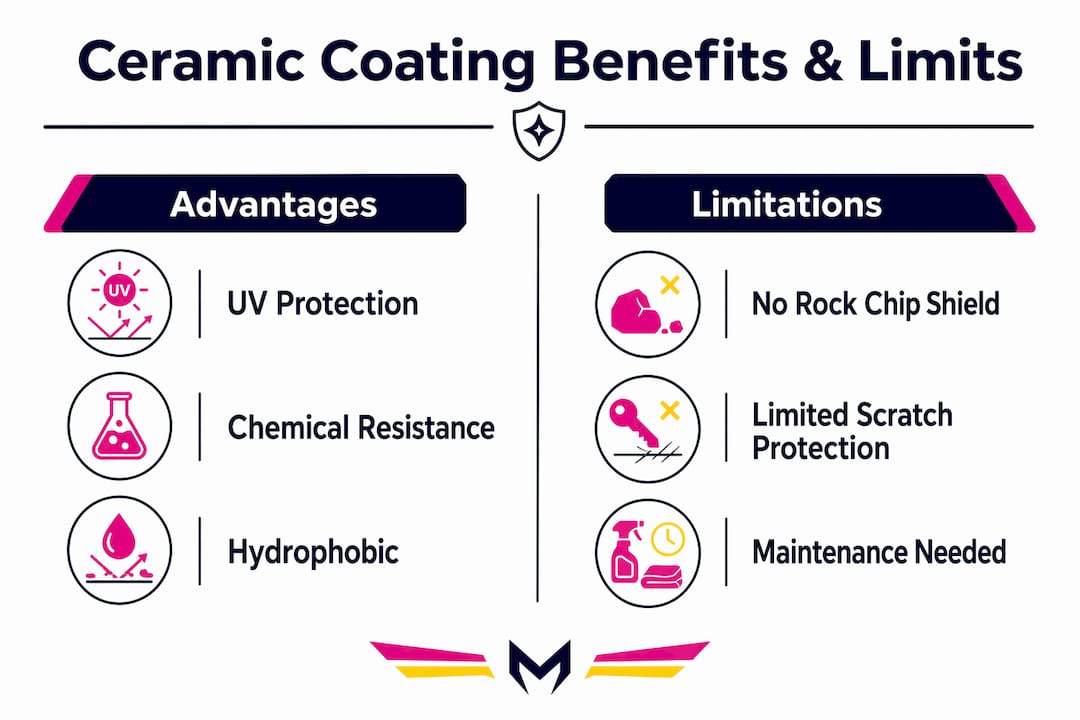 Infographic comparing ceramic coating benefits and limitations