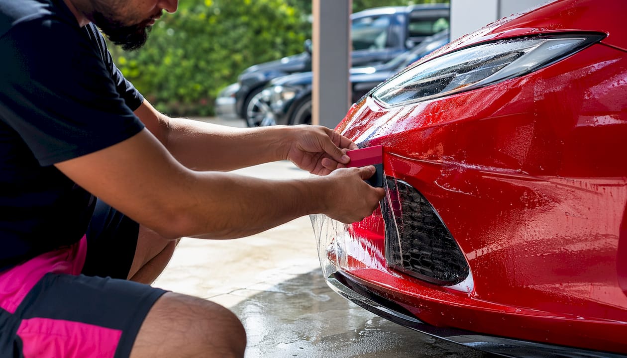 Hands applying paint protection film on car hood