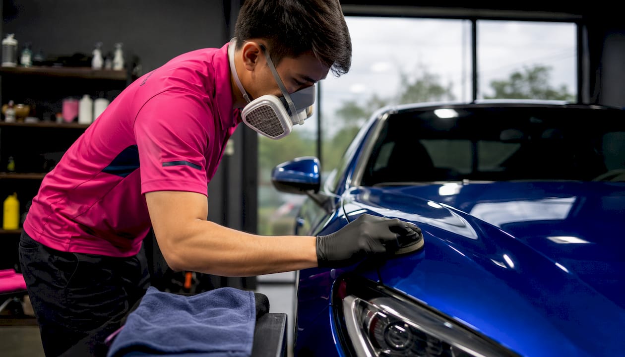 Detailer applying ceramic coating to car hood