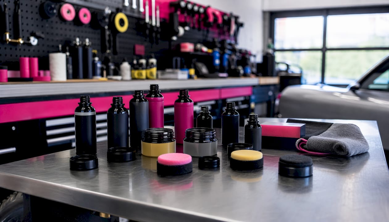 Variety of car paint protection products on table