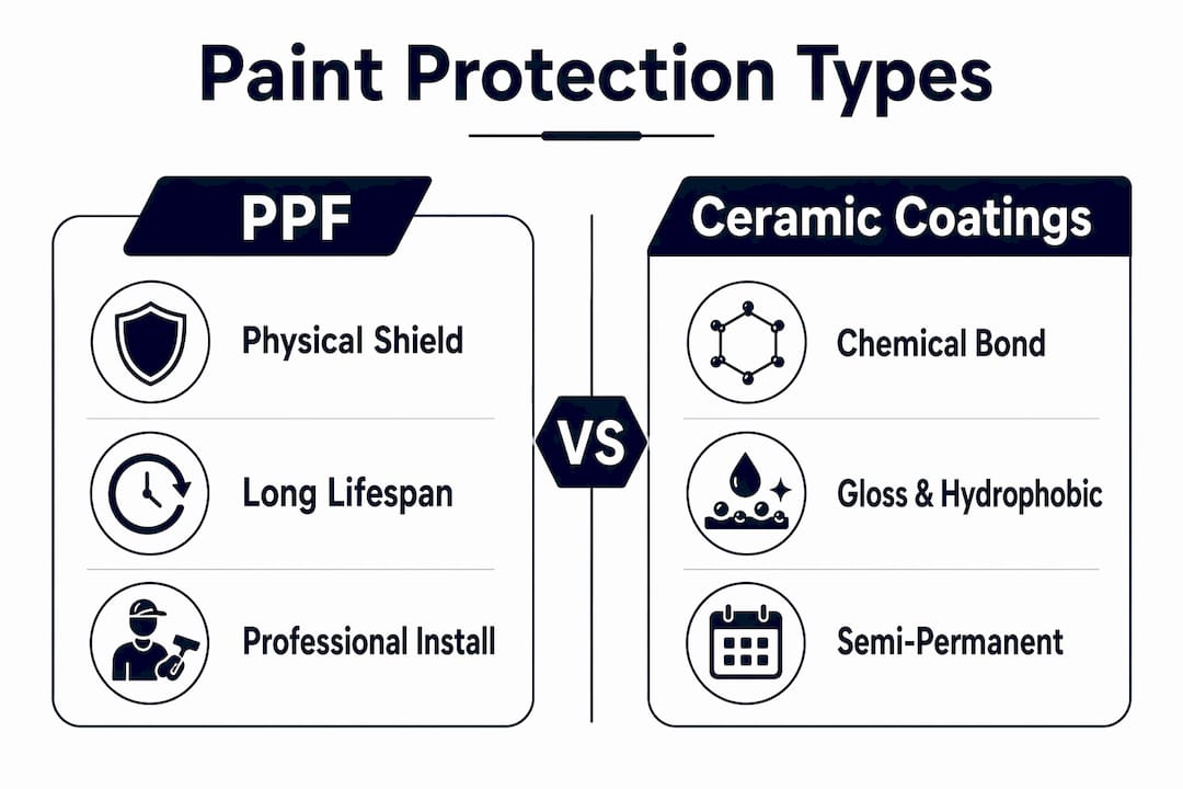 Infographic comparing paint protection film and ceramic coatings