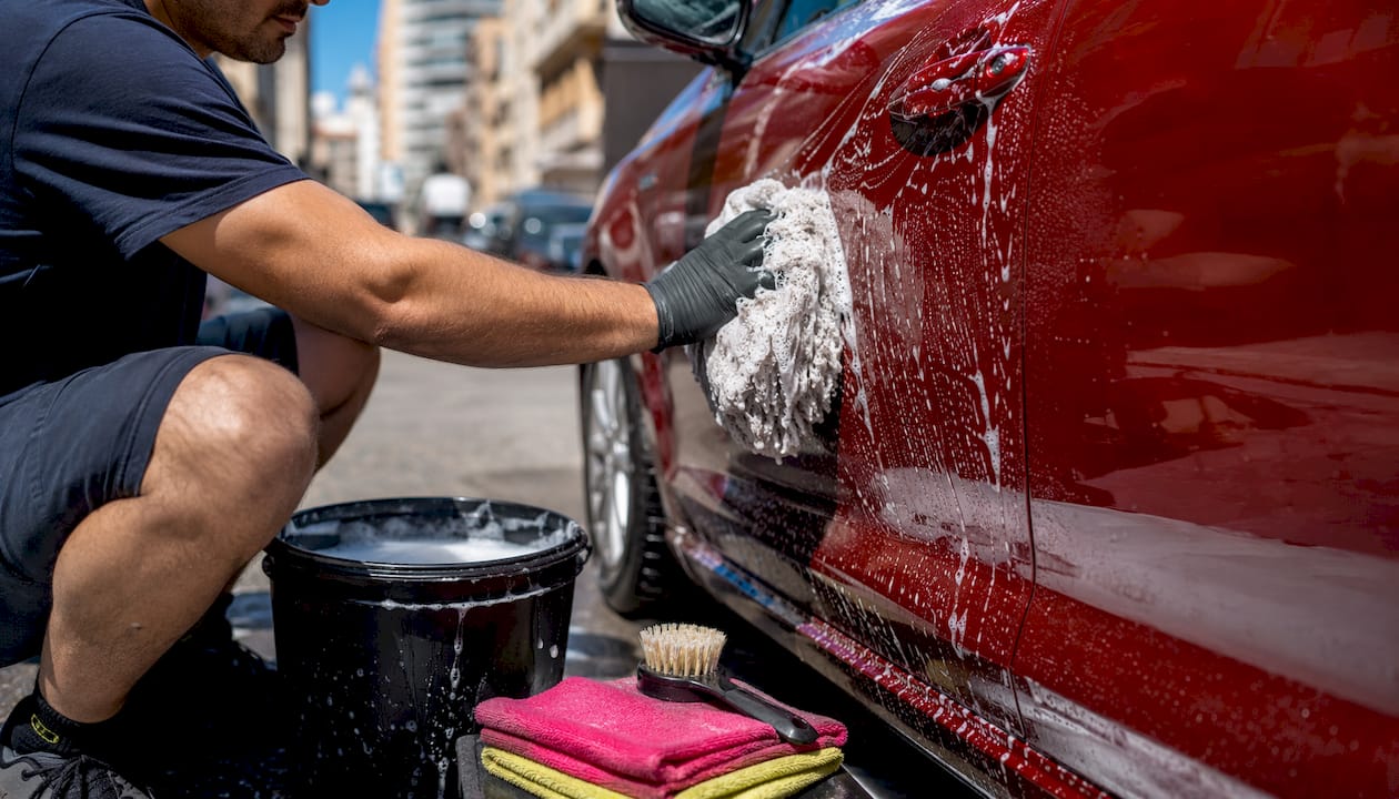 Hands washing car paint with foam mitt