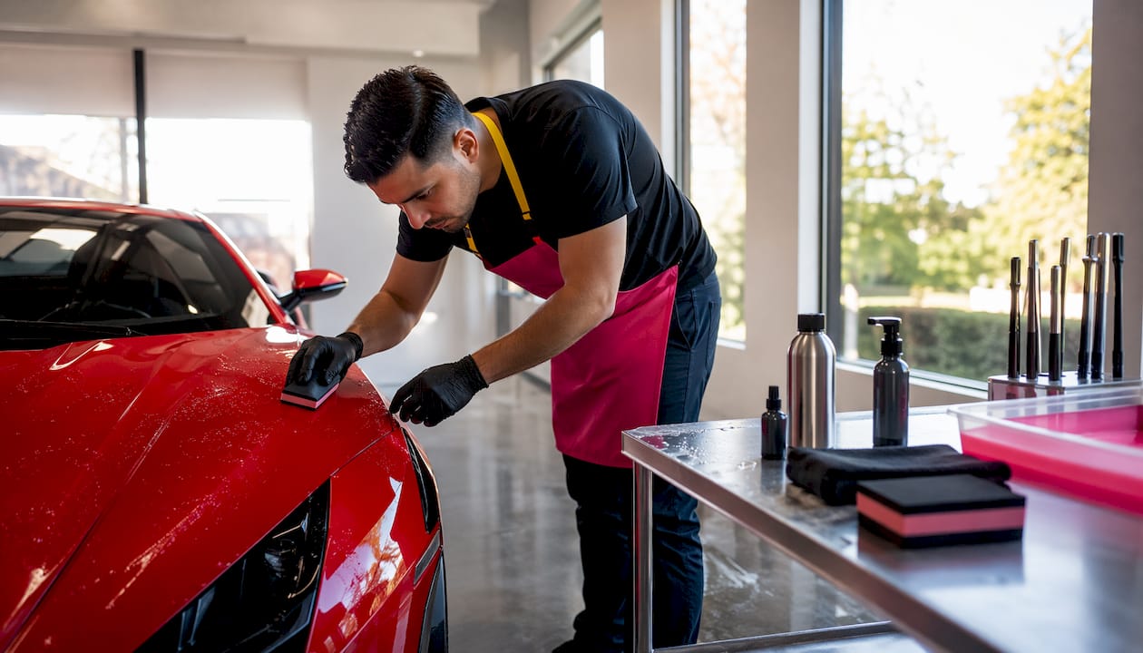 Hands applying liquid paint protection to exotic car