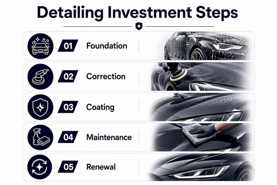 Infographic illustrating tiered auto detailing investment steps