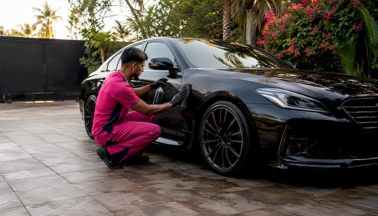 Hands spraying lubricant on luxury car paint