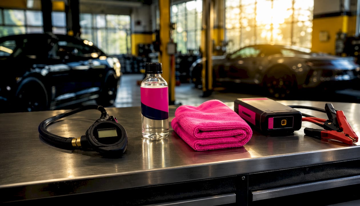 Luxury car winter maintenance tools on bench