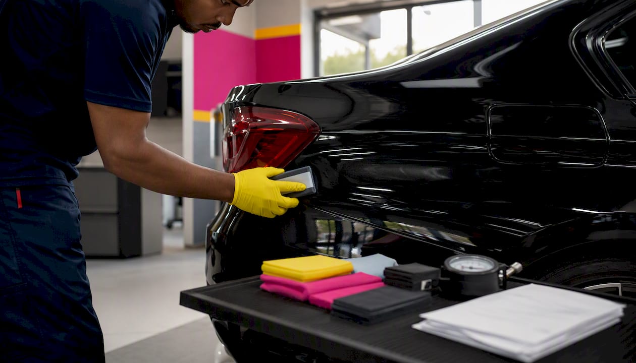 Technician applying ceramic coating on luxury car fender
