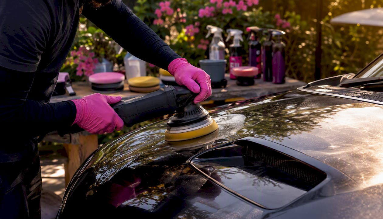 Hands polishing car paint with machine buffer