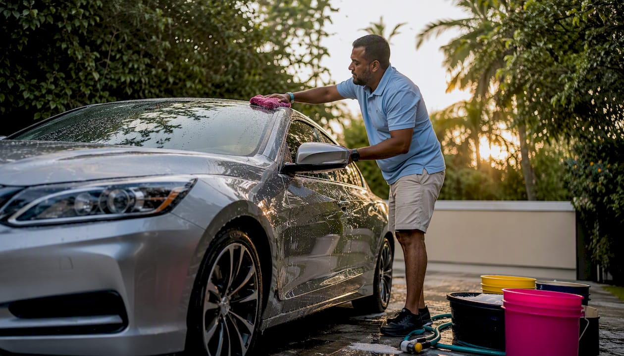 Man washing ceramic coated car outdoors