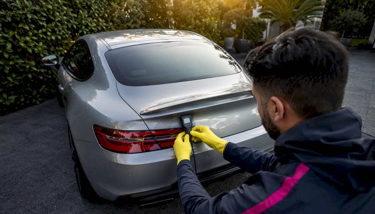 Close-up paint thickness measurement on luxury car