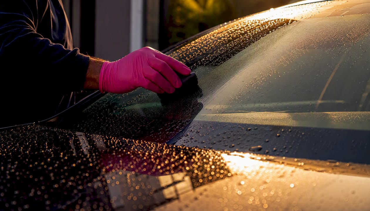 Close-up applying glass coating on car windshield