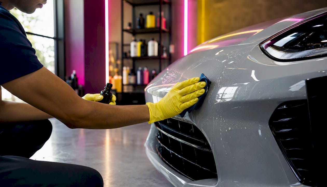 Technician applying liquid paint protection on bumper