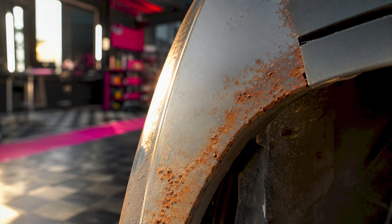 Rust spots and bubbling paint on car panel