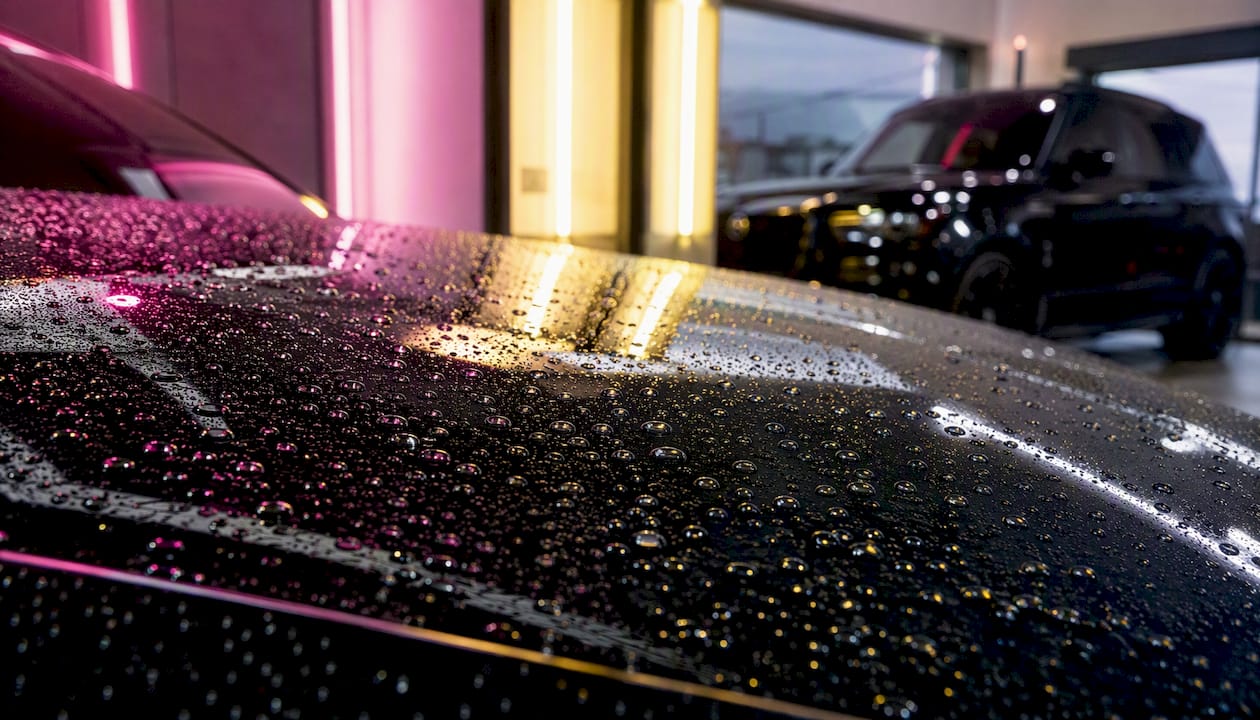 Water beading on sealed car paint surface