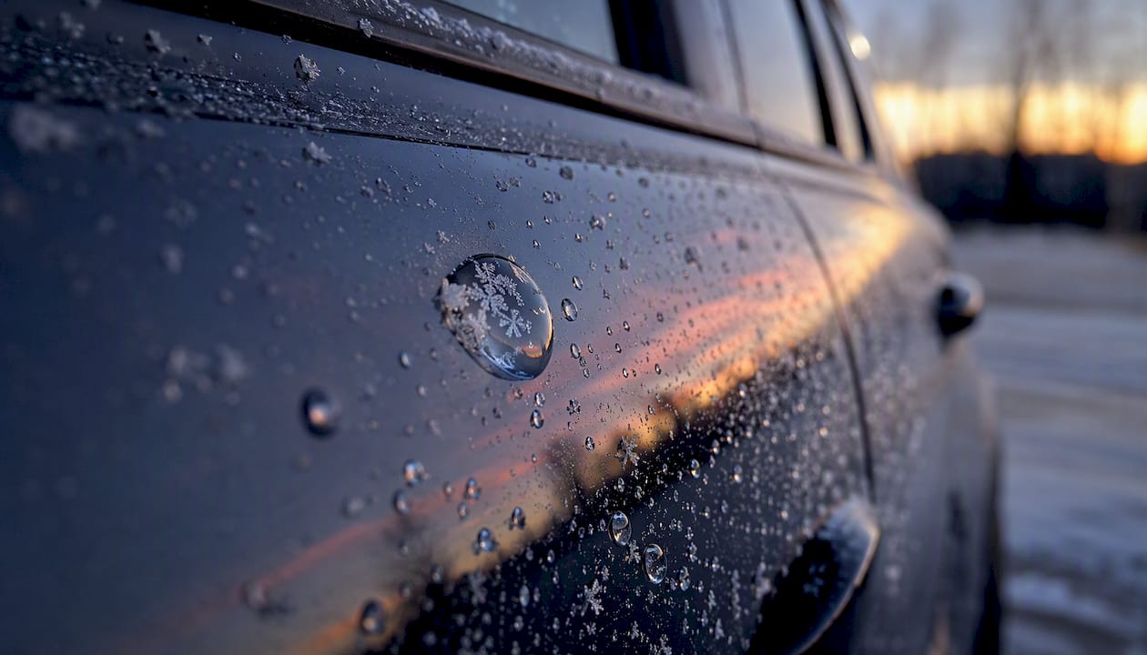 Salt water droplets on sealed car paint winter protection