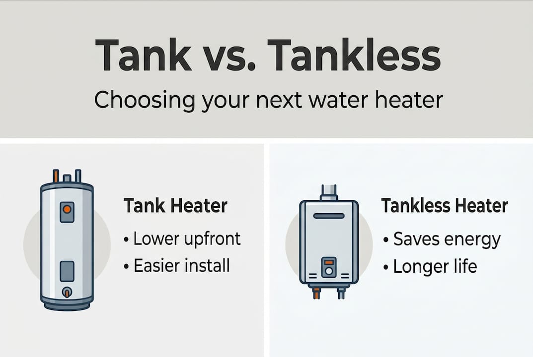 Infographic comparing tank and tankless heaters