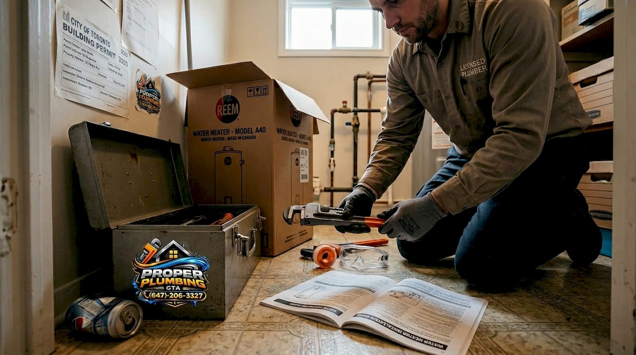Plumber sorting tools before water heater swap