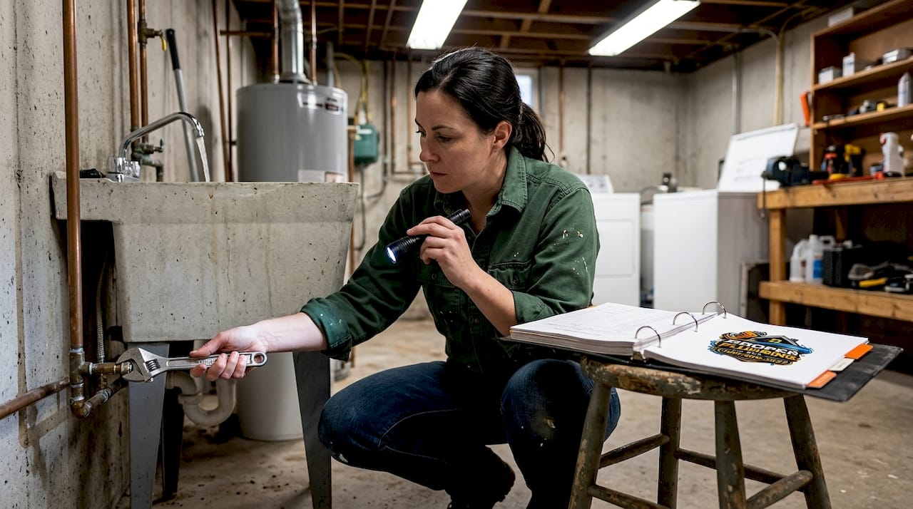 Plumber checking basement utility sink for leaks