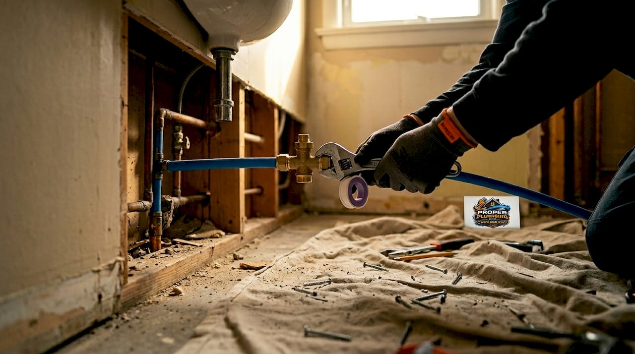 Plumber installing PEX pipe bathroom sink