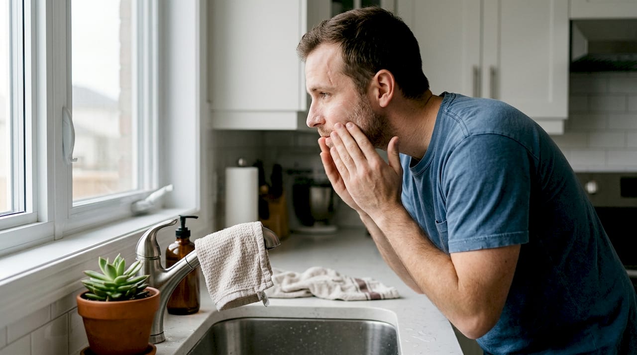 Man gently cleanses face at kitchen sink