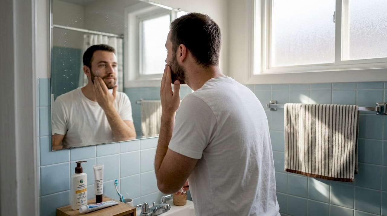 Man using skincare products in summer bathroom