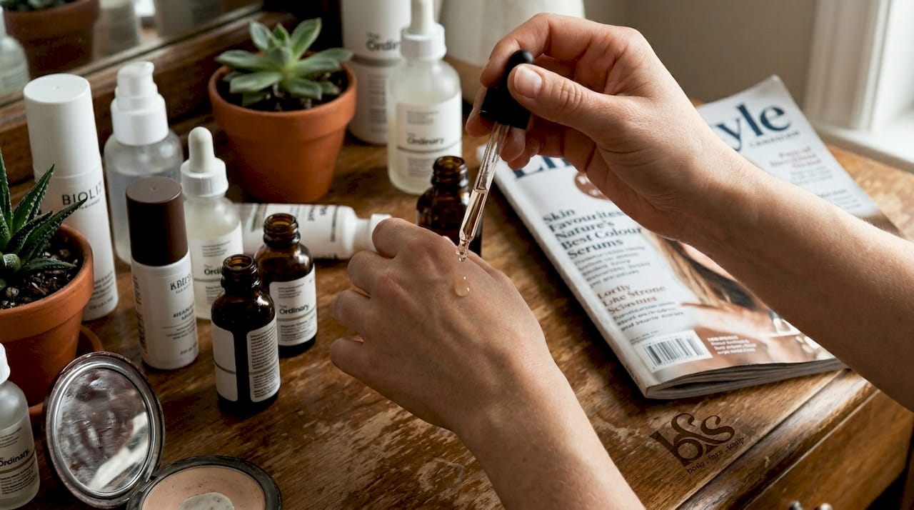 Hands applying serum on wooden vanity