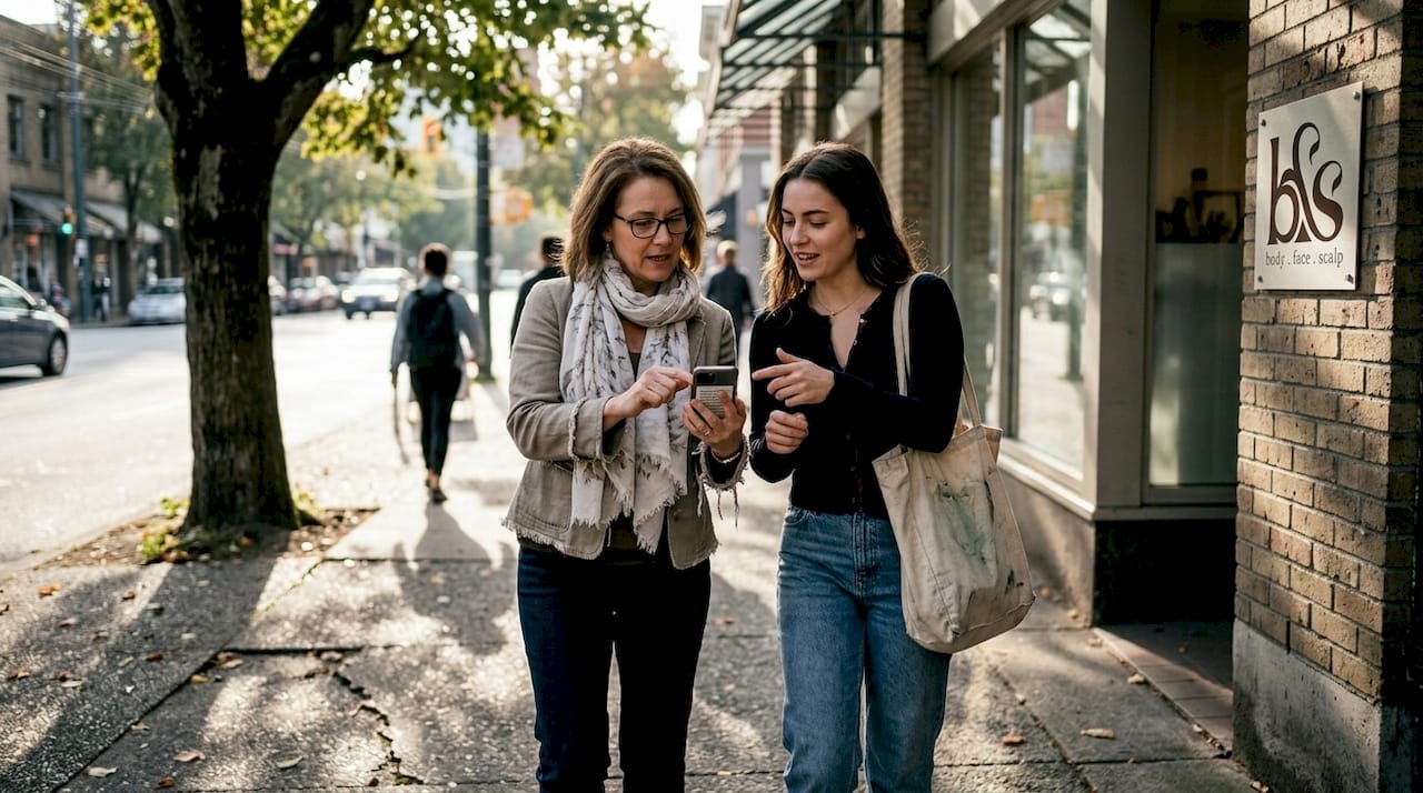Canadian women discussing skincare outdoors