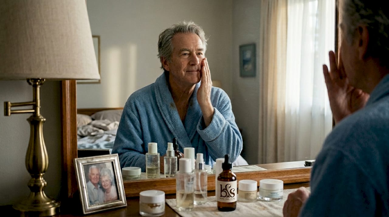 Older man applying skincare at dresser mirror