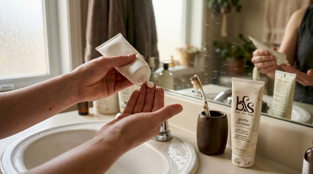 Hands with ceramide moisturizer at bathroom counter